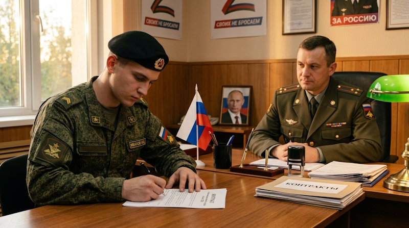 Военнослужащий подписывает контракт на службу в зоне СВО с офицером в воинской части